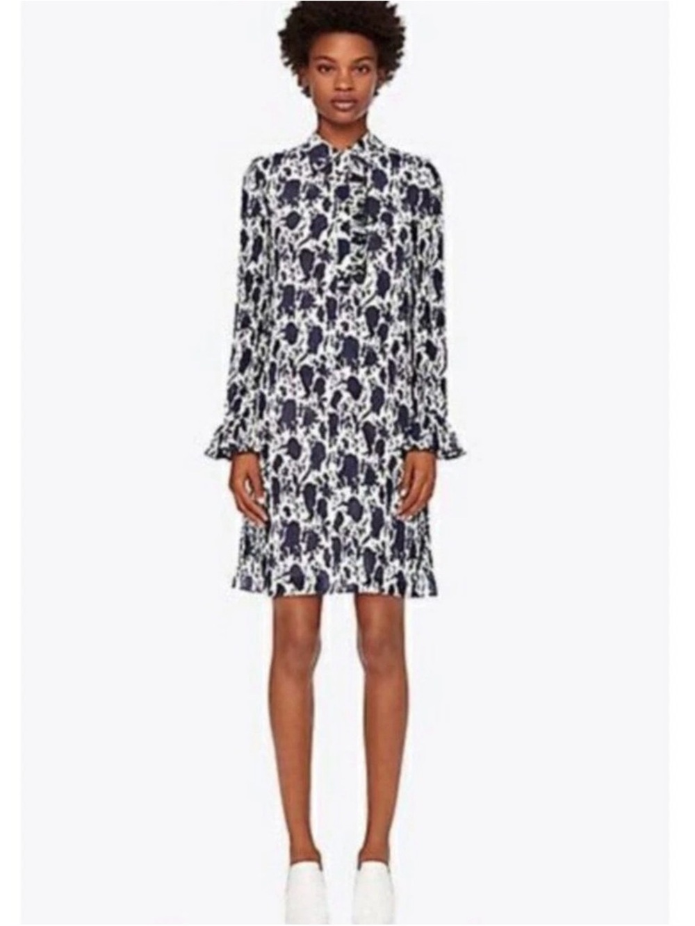 Tory Burch Navy and White Floral Long-Sleeve Shift Dress